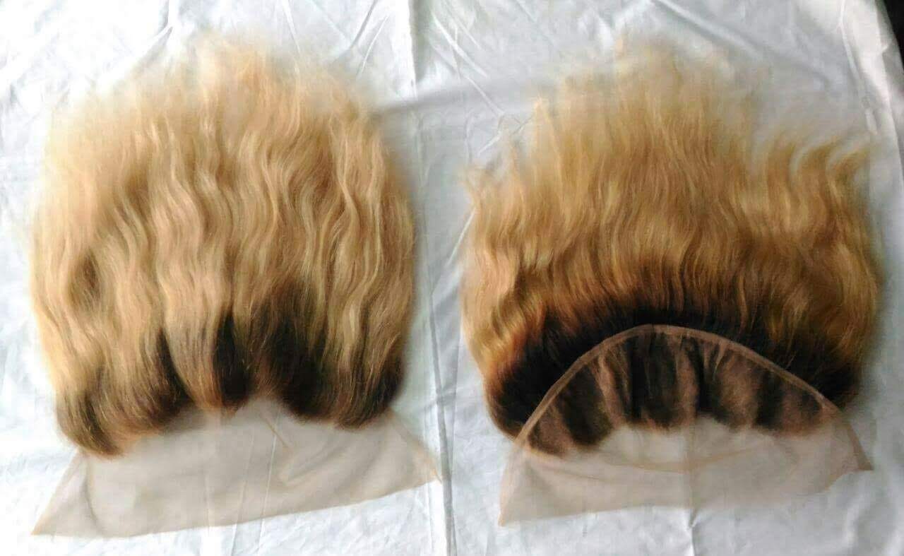 Blonde wig on a mannequin, front view