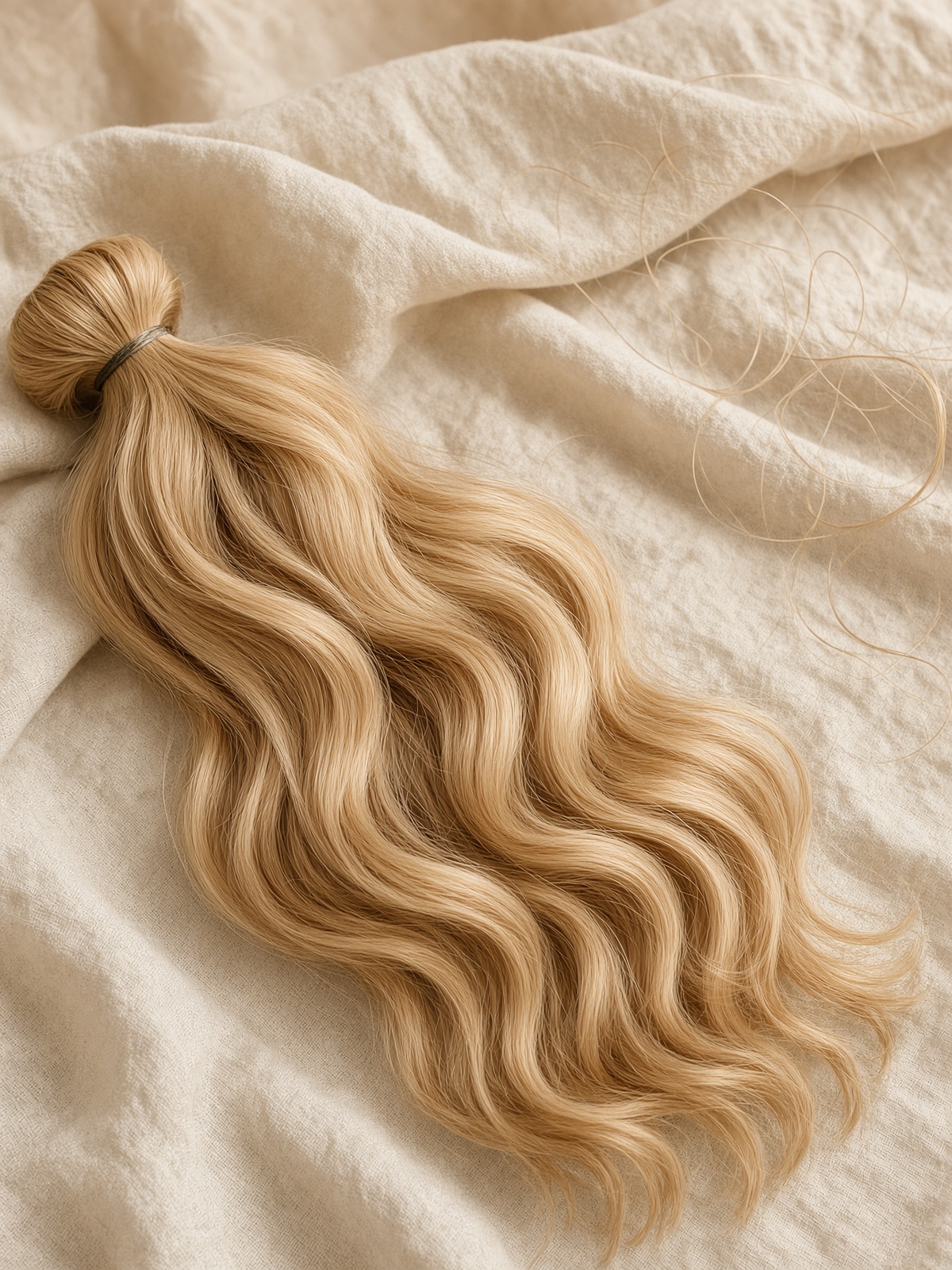 Honey blonde natural hair bundle on cream linen