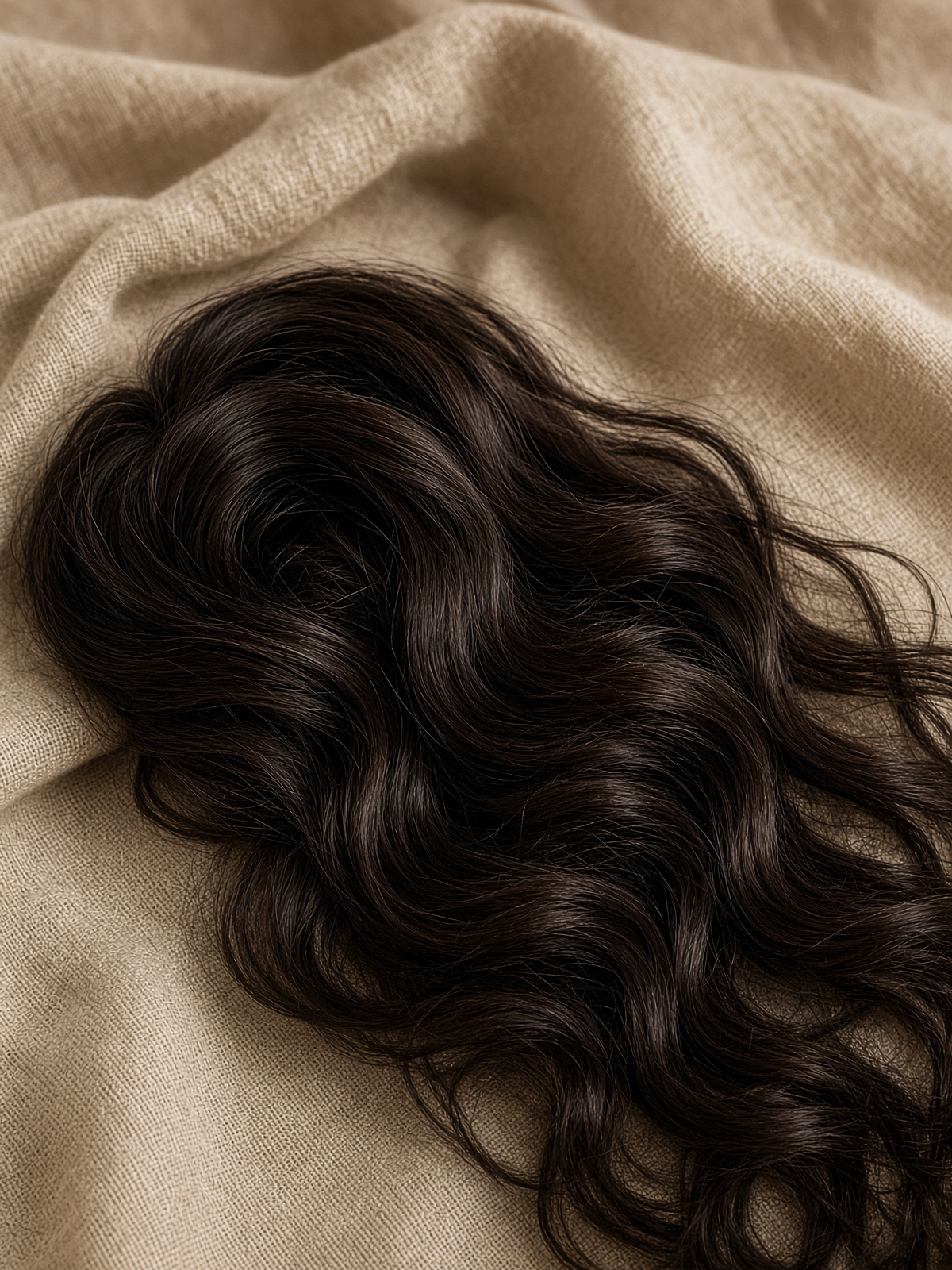 Natural dark brown wavy human hair bundle on linen